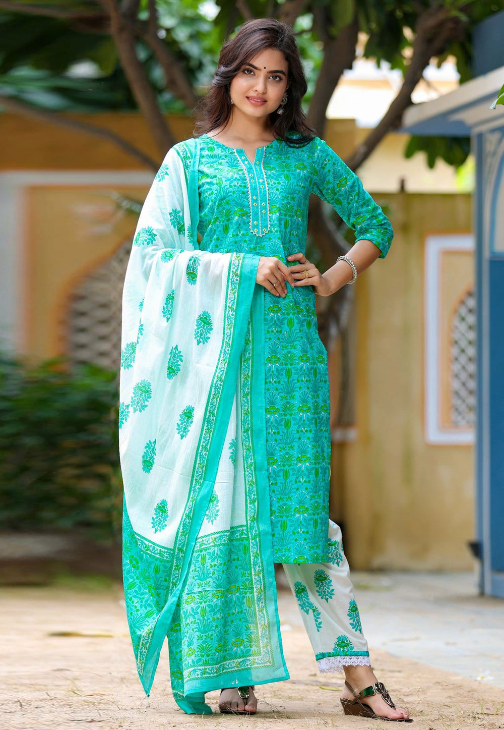 Light Green Cotton Readymade Kameez With Pant 237934
