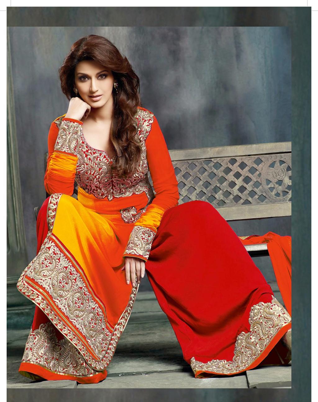 Sonali Bendre Orange and Yellow Silk Designer Salwar Suit 32015