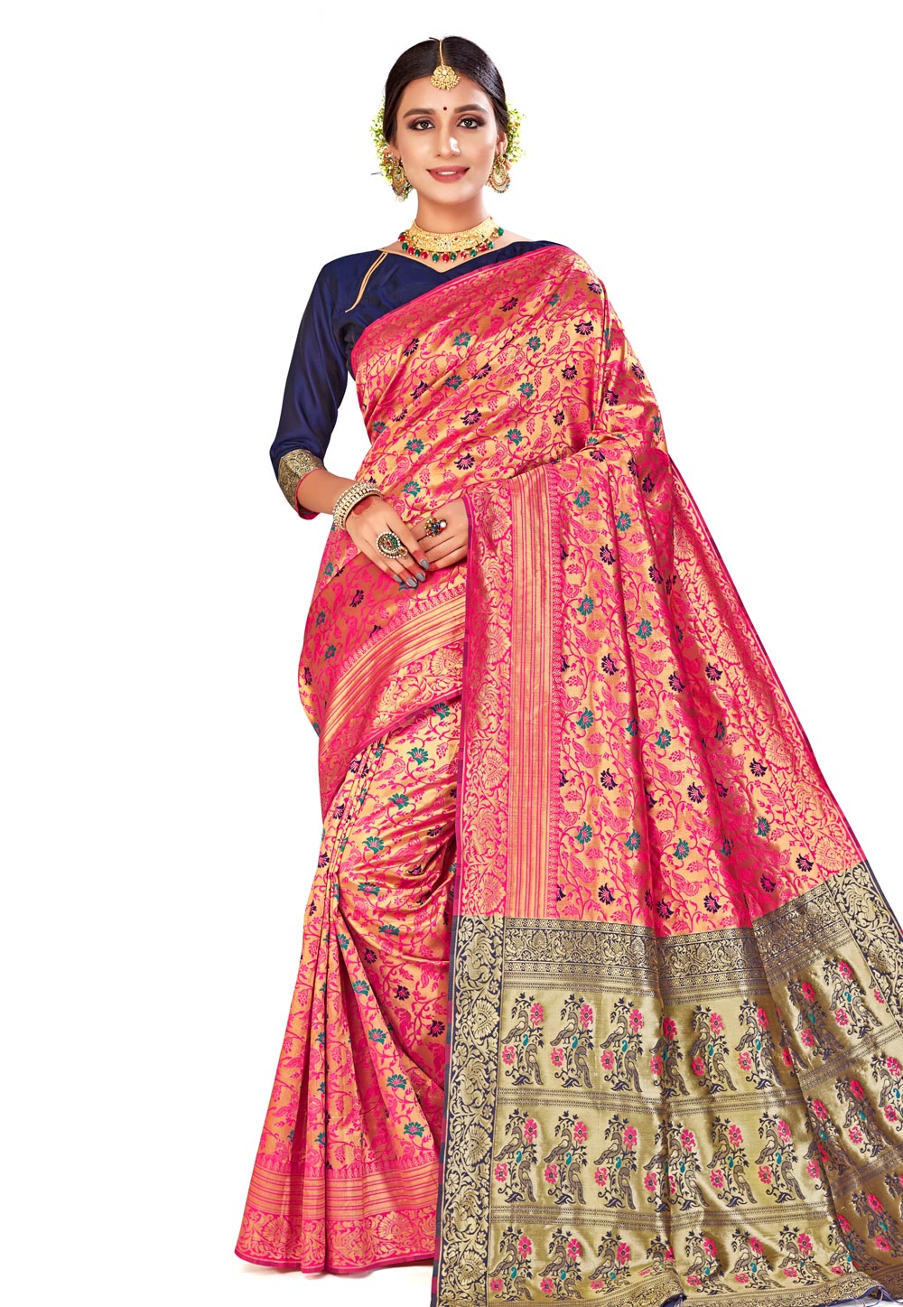 Pink Banarasi Silk Saree With Blouse 204485