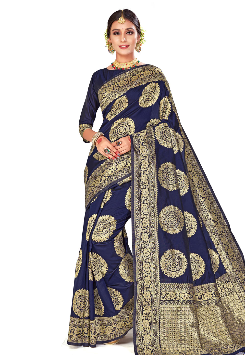 Navy Blue Banarasi Silk Festival Wear Saree 204488