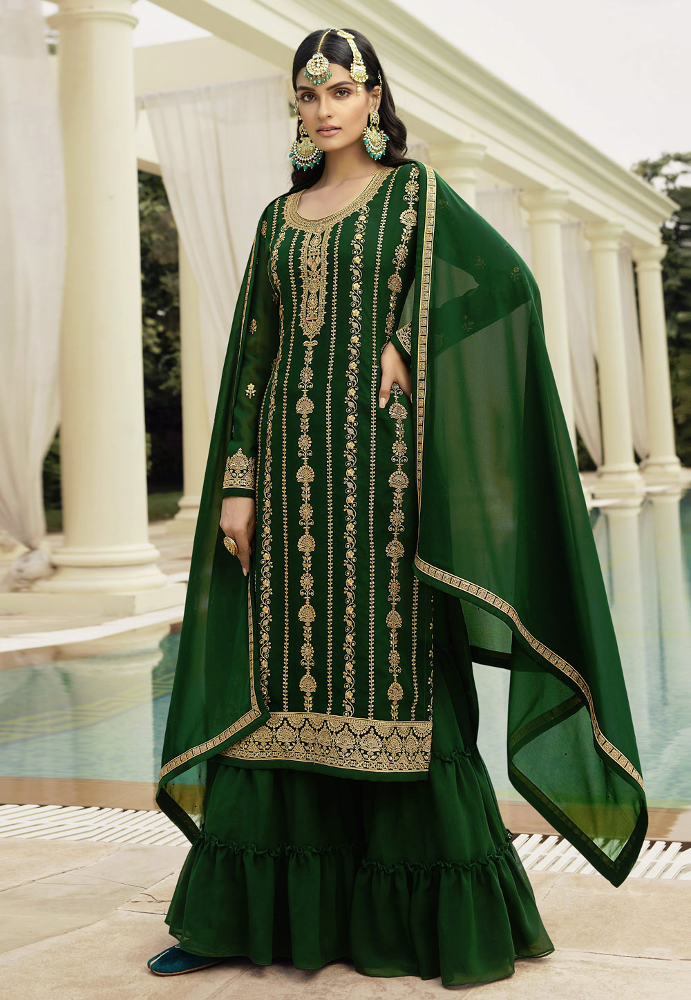 Green Faux Georgette Sharara Suit 237965