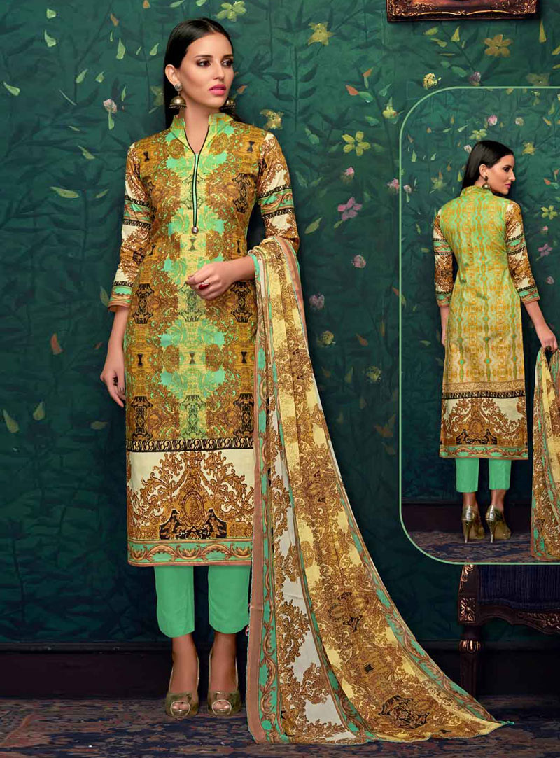 Sea Green Cotton Pakistani Style Suit 121470