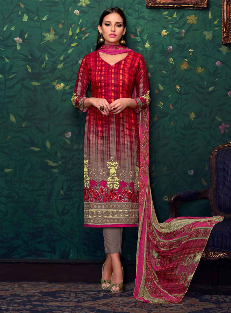 Red Cotton Straight Cut Salwar Suit 121471