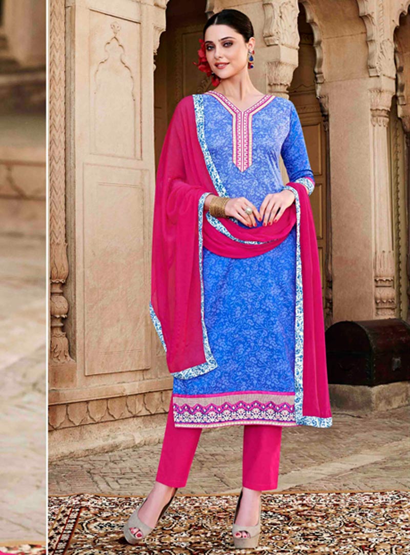 Blue Cotton Silk Pant Style Salwar Suit 47161