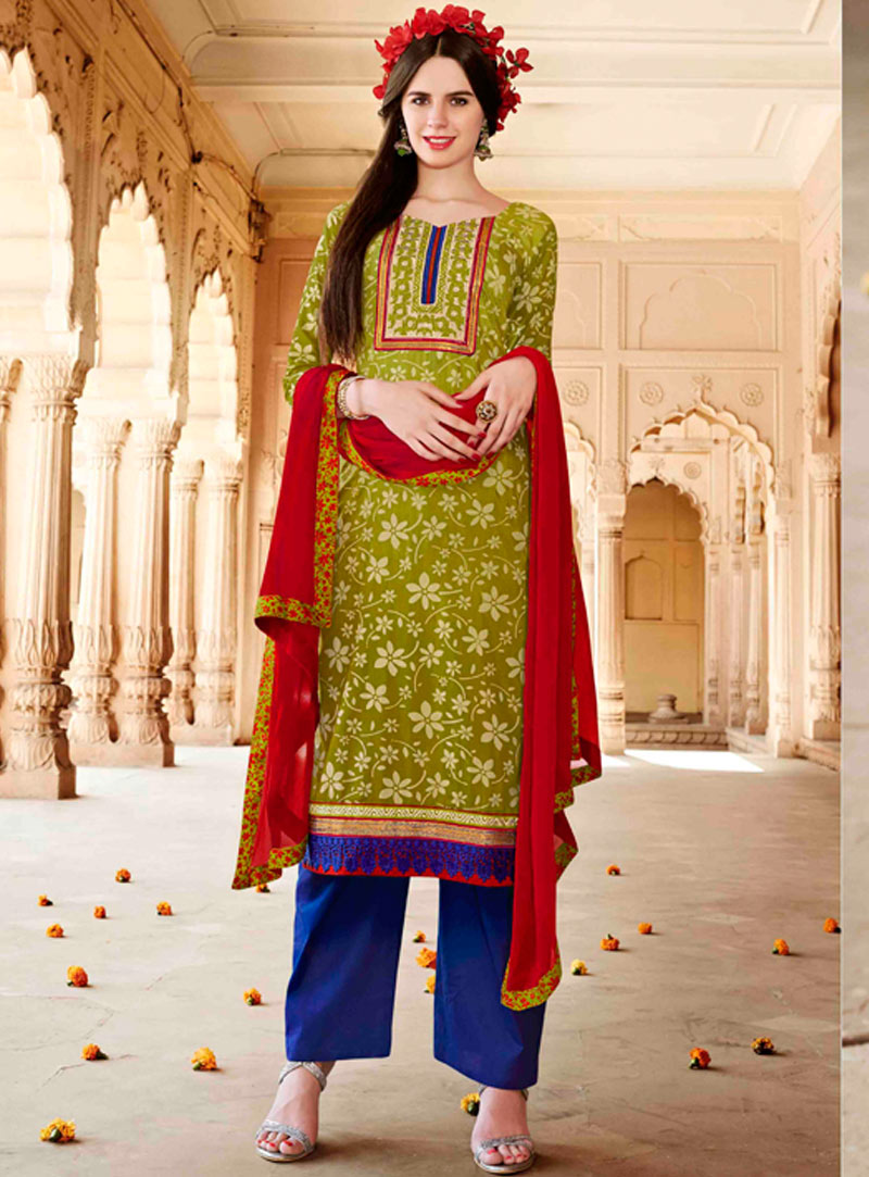 Light Green Cotton Silk Pant Style Salwar Suit 47163