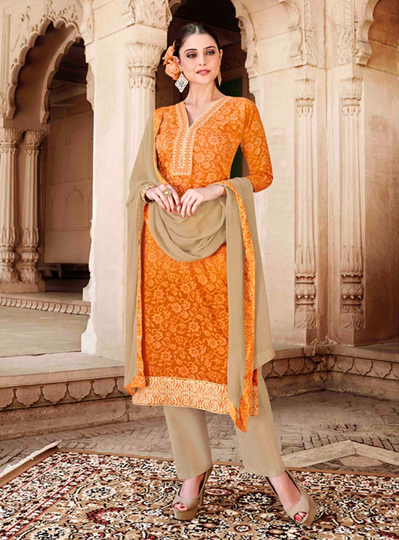 Orange Cotton Silk Pant Style Salwar Suit 47164
