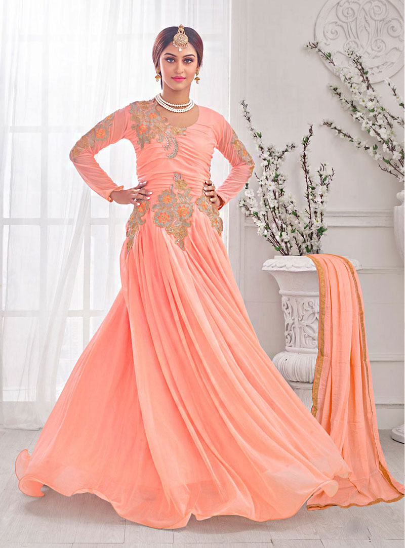 Peach Lycra Semi Stitched Party Wear Gown 69566