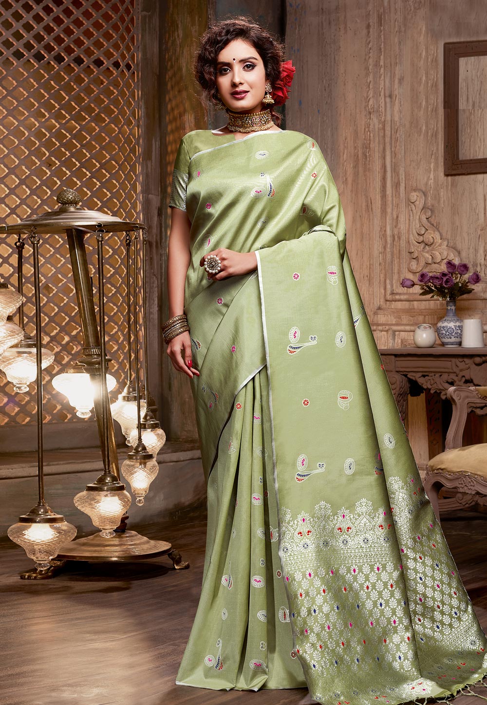 Pista Green Silk Saree With Blouse 179551