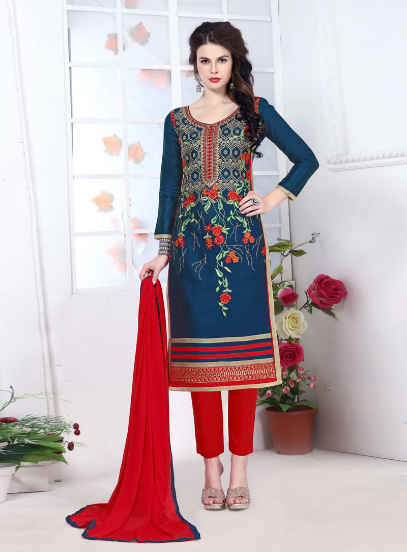 Navy Blue Cotton Pakistani Style Suit 89384