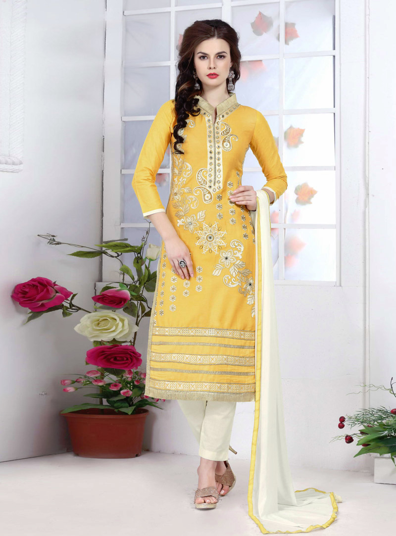 Yellow Cotton Pakistani Style Suit 89394