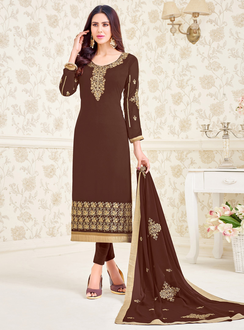Brown Georgette Pakistani Style Suit 94406
