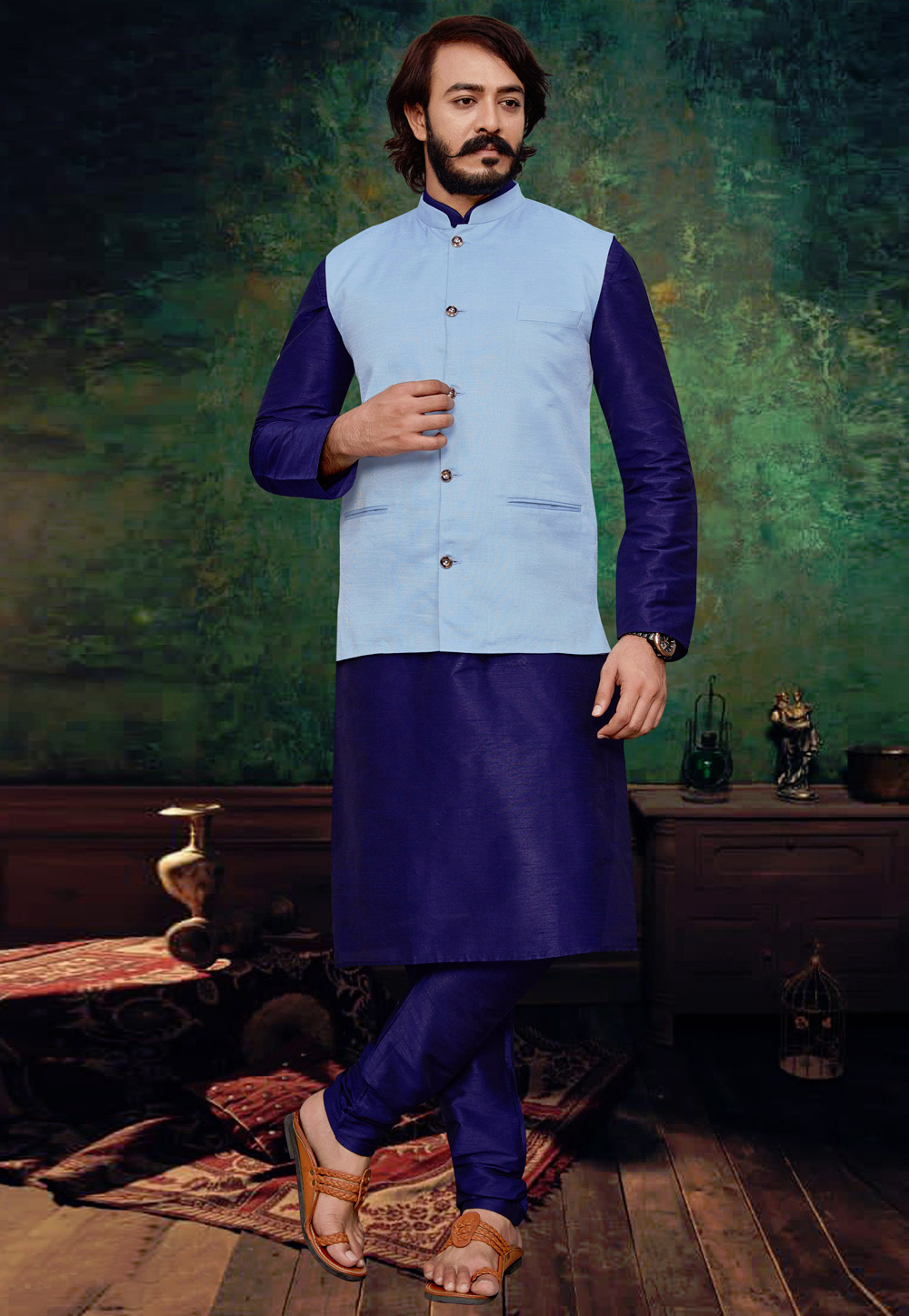 Buy Bontestitch Men's Silk Blend Navy Blue Kurta Pajama with Designer  Ethnic Nehru Jacket | Modi Jacket | Waistcoat (Size: S, SUN_FLOWER) Online  at Best Prices in India - JioMart.