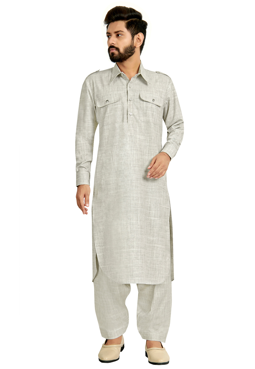 Grey Cotton Pathani Suit 222863
