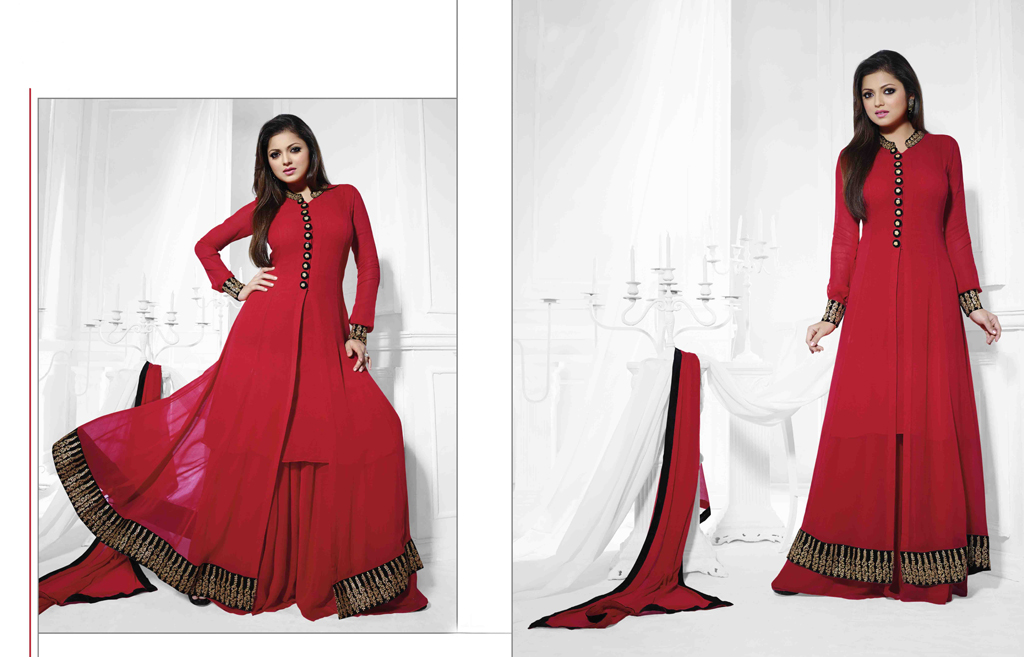 Red Georgette Sharara Style Suit 47259