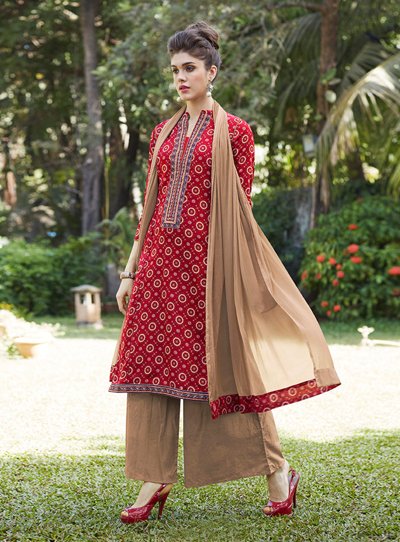 Red Cotton Palazzo Style Suit 92746