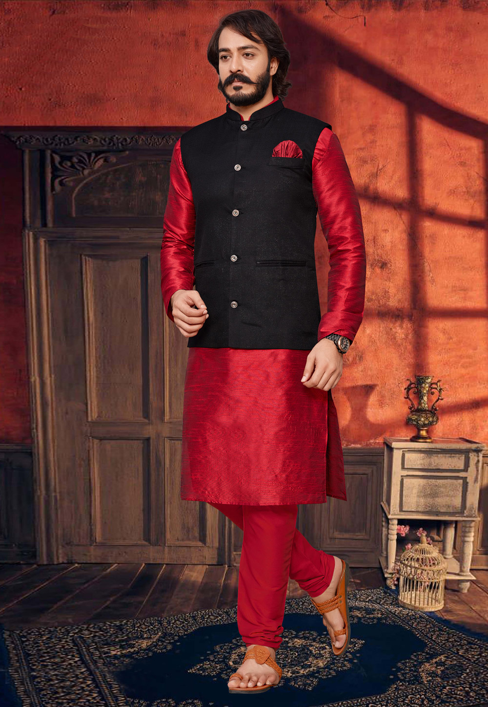Red Art Silk Kurta Pajama With Jacket 232703