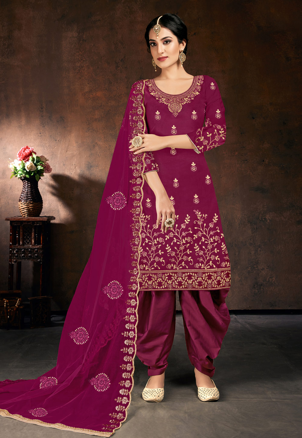 Magenta Cotton Readymade Punjabi Suit 217614