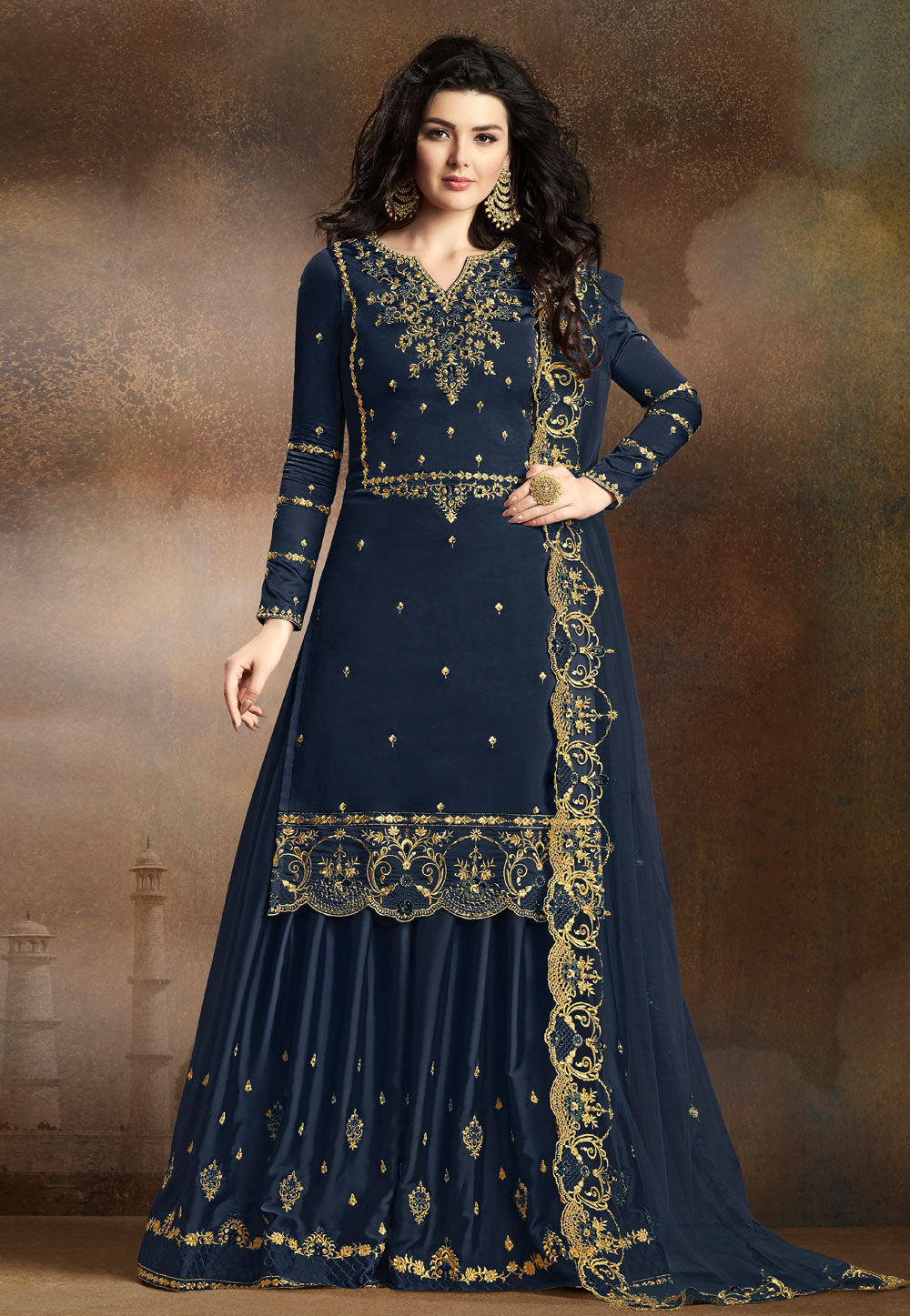 Navy Blue Silk Embroidered Palazzo Suit 181900