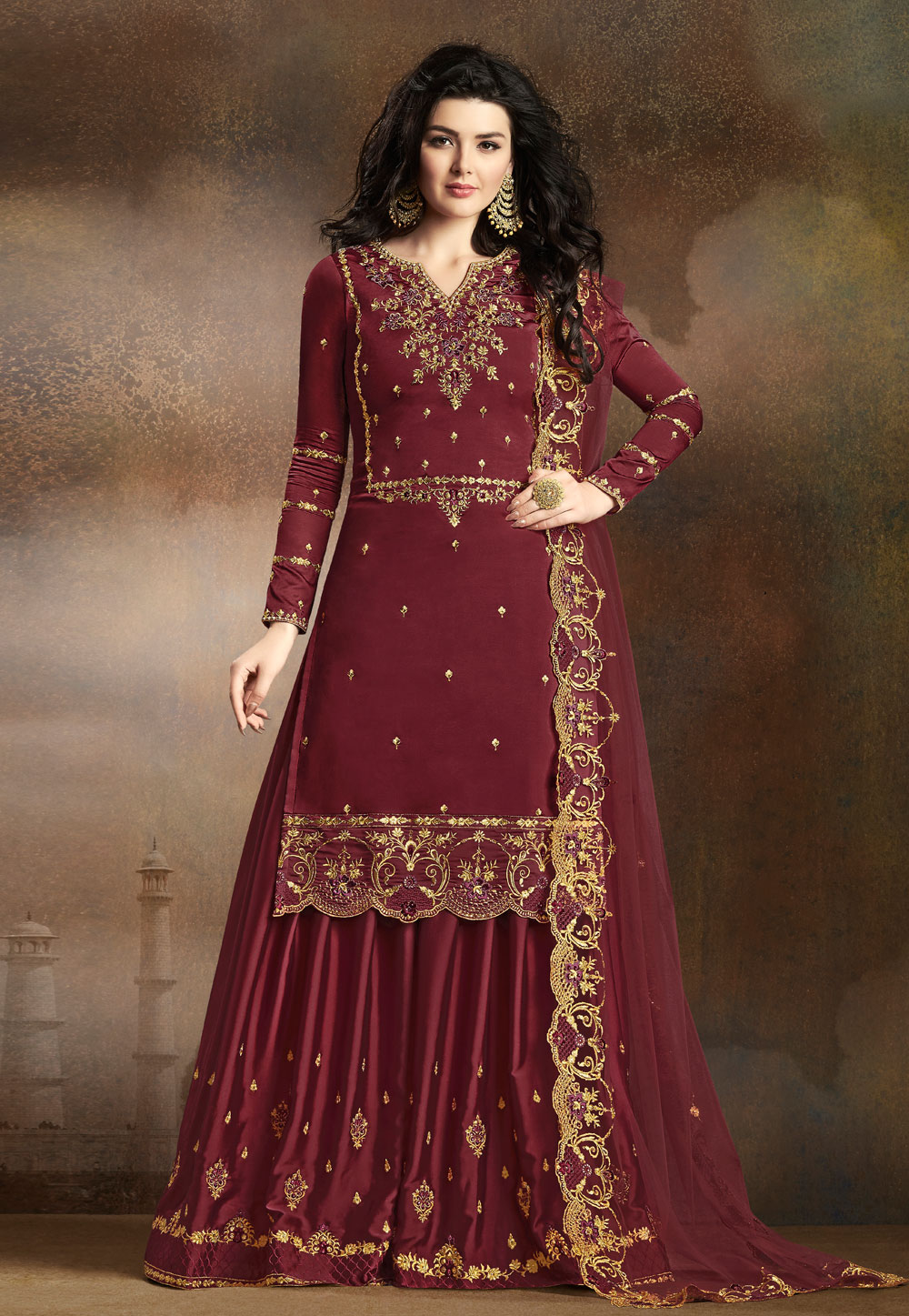 Maroon Silk Embroidered Palazzo Suit 181901