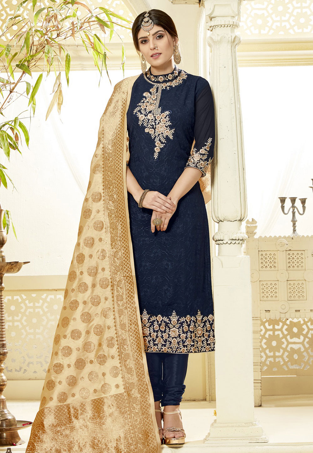 Navy Blue Georgette Embroidered Churidar Suit 167372