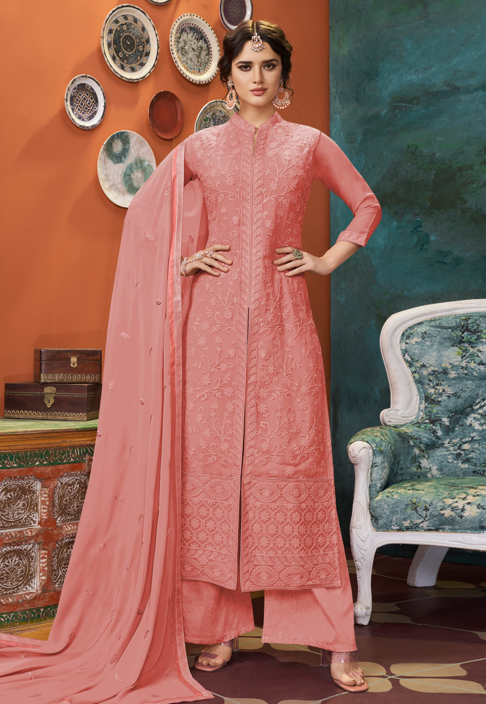 Peach Faux Georgette Readymade Kameez With Palazzo 208854