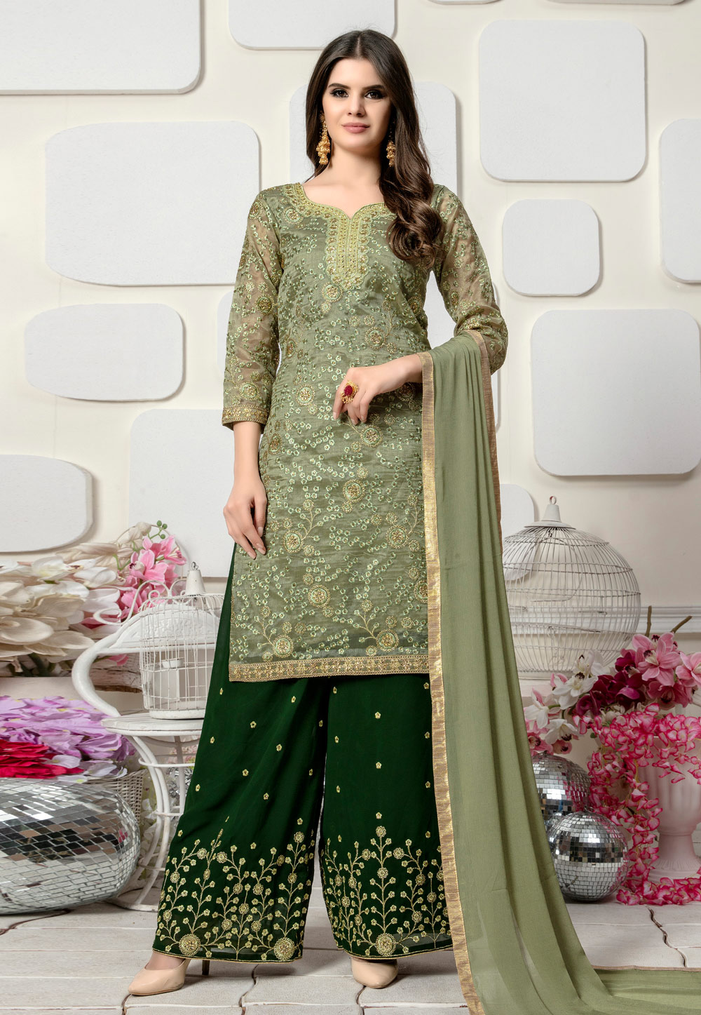 Olive Green Organza Pakistani Style Suit 153779
