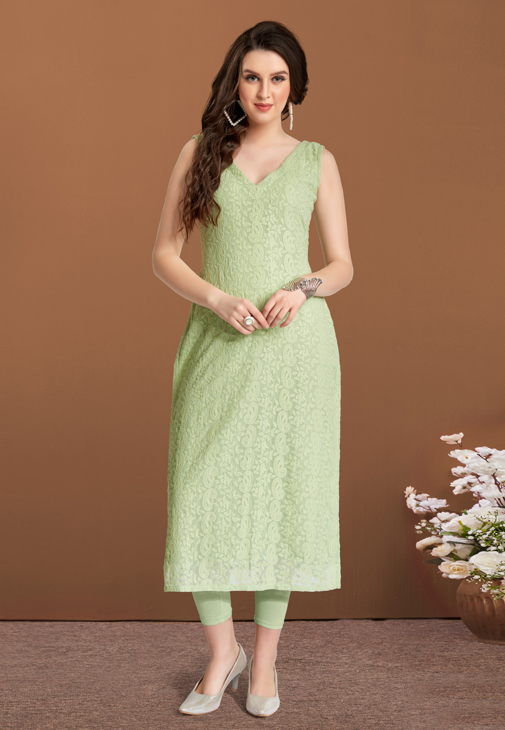 Buy Idha Green Sleeveless Sleeves Solid Kurti for Women at Amazon.in