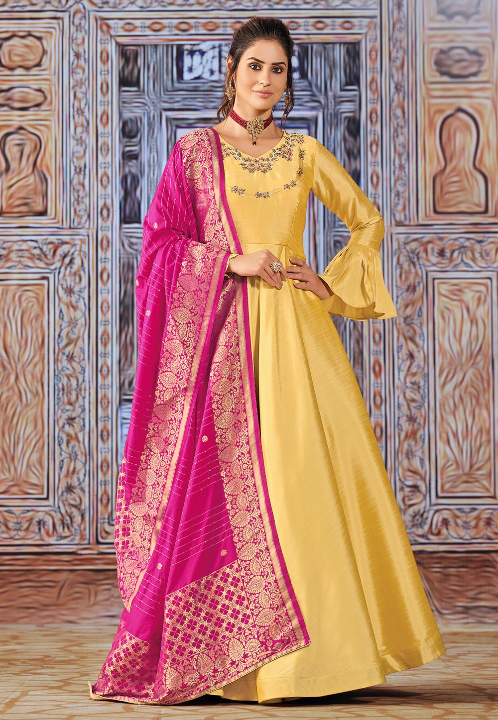 Yellow Art Silk Readymade Long Anarkali Suit 249634