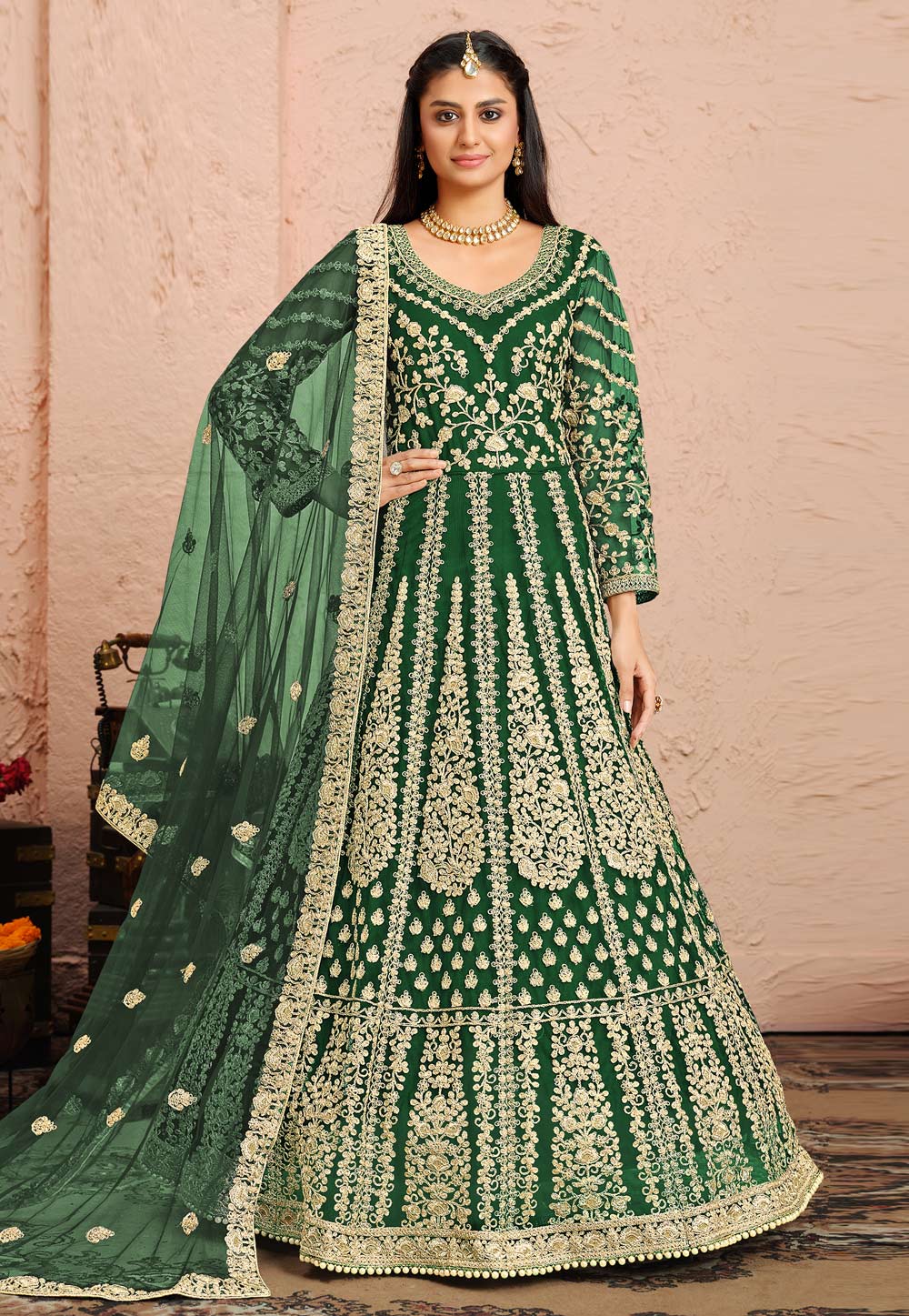 Green Net Embroidered Abaya Style Anarkali Suit 236090