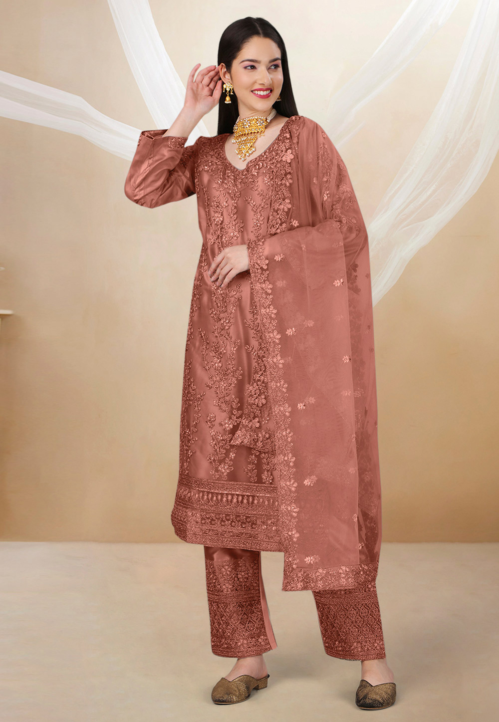 Brown Net Embroidered Pakistani Suit 270082