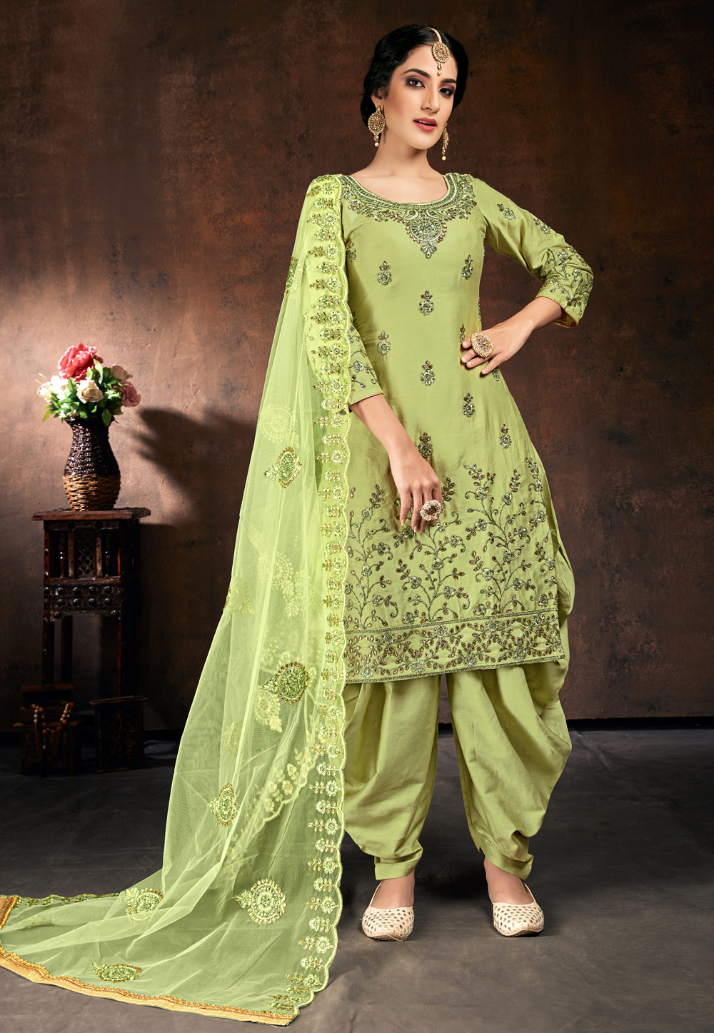 Light Green Cotton Readymade Patiala Suit 217615