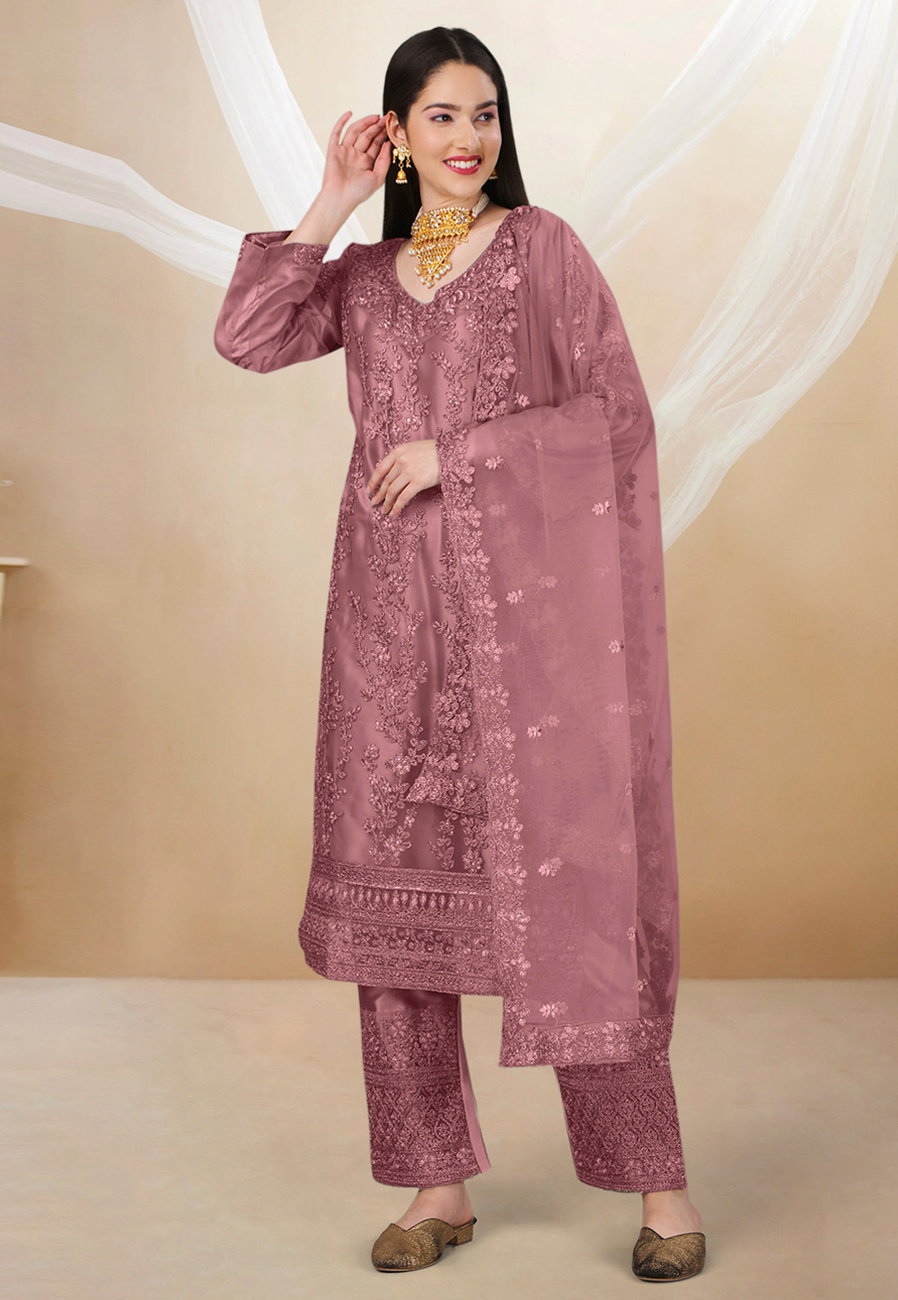 Pink Net Embroidered Pant Style Suit 270083