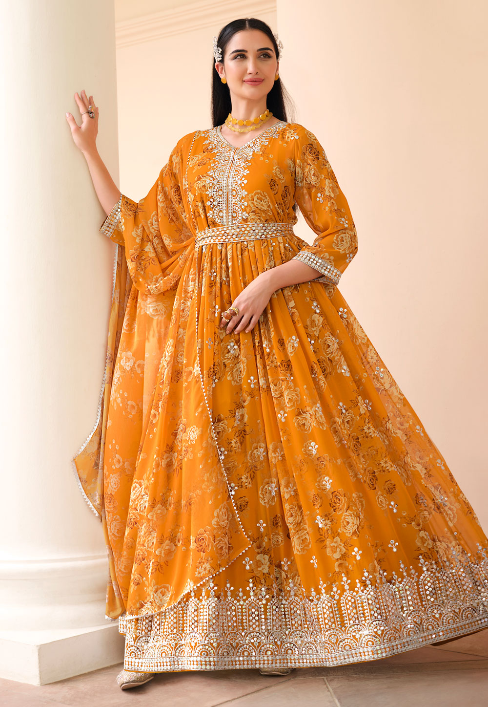 Yellow Georgette Readymade Long Anarkali Suit 268789