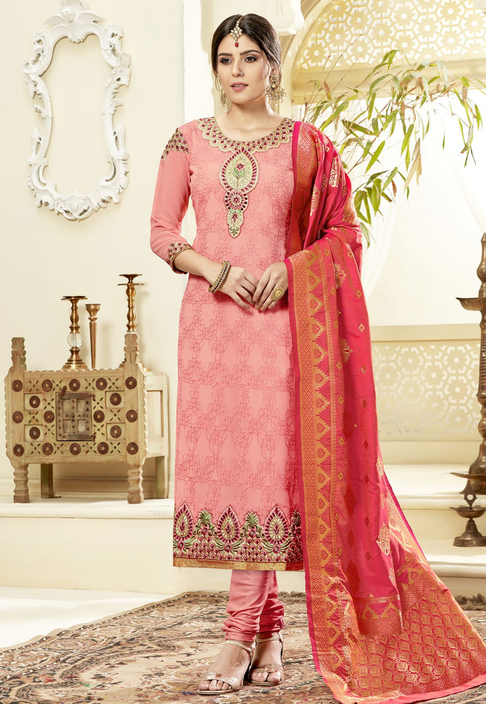 Pink Georgette Embroidered Churidar Salwar Kameez 167373