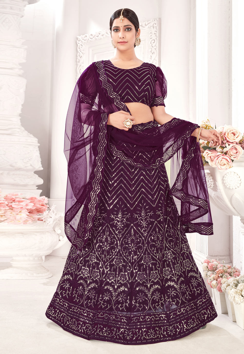 Purple Net Sequins Work Lehenga Choli 232571