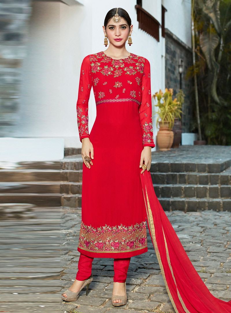 Red Georgette Pant Style Suit 97413