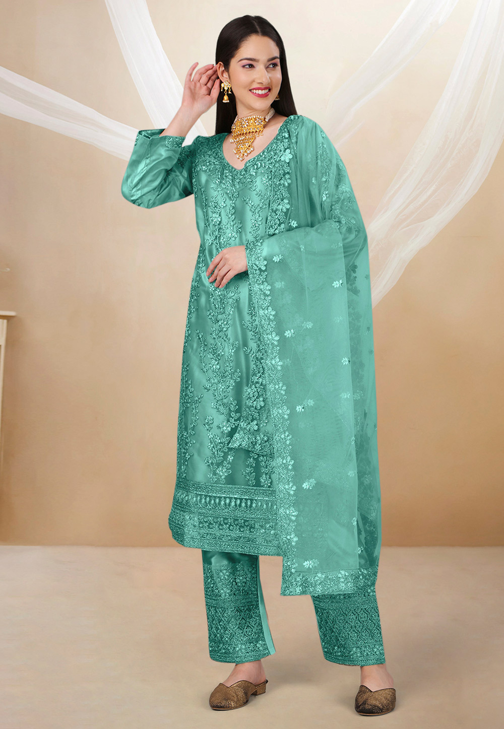 Sea Green Net Embroidered Pakistani Suit 270084