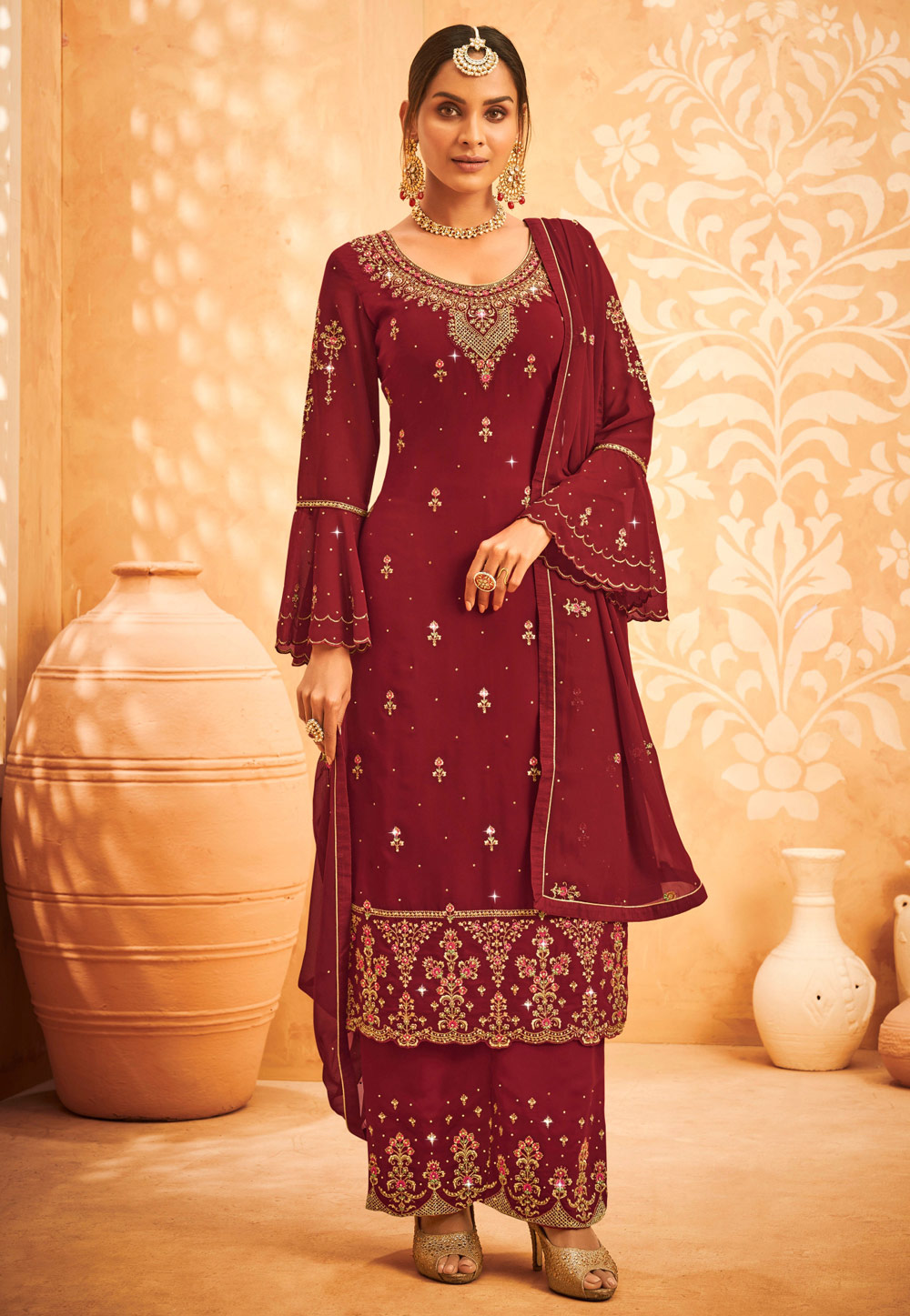 Maroon Faux Georgette Kameez With Palazzo 245125