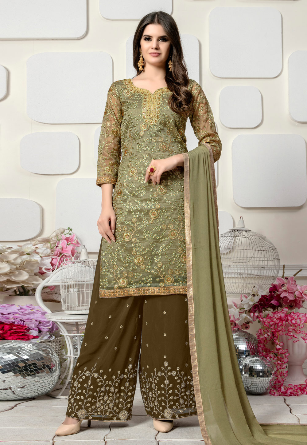 Olive Green Organza Palazzo Style Suit 153780