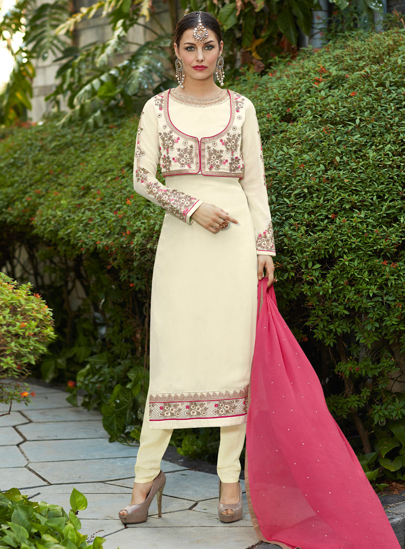 Cream Georgette Straight Cut Pant Style Suit 97414
