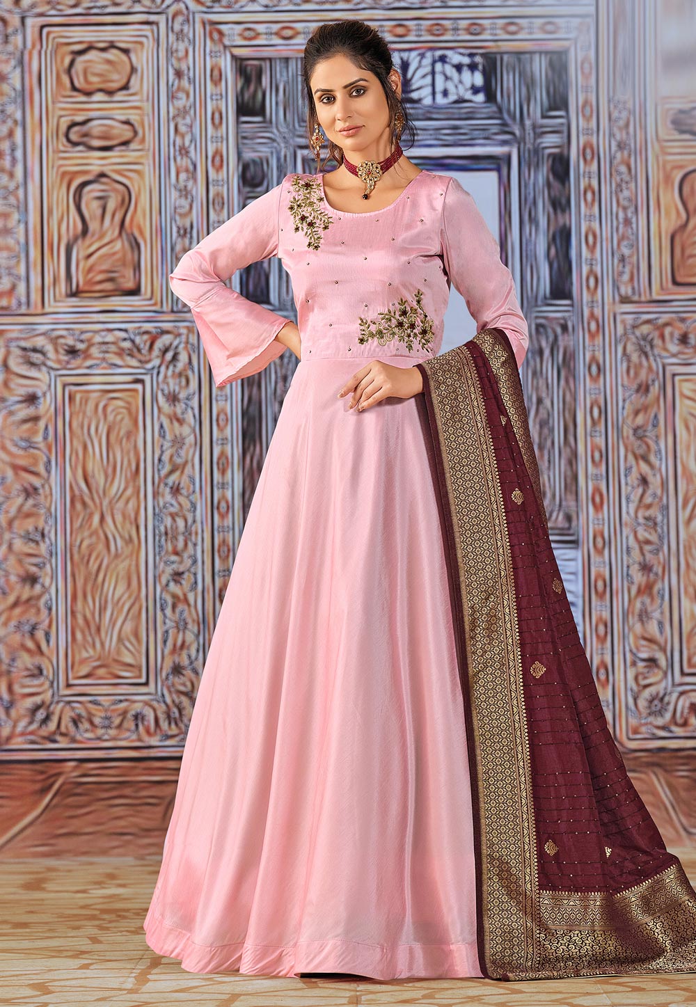 Pink Art Silk Readymade Abaya Style Anarkali Suit 249635