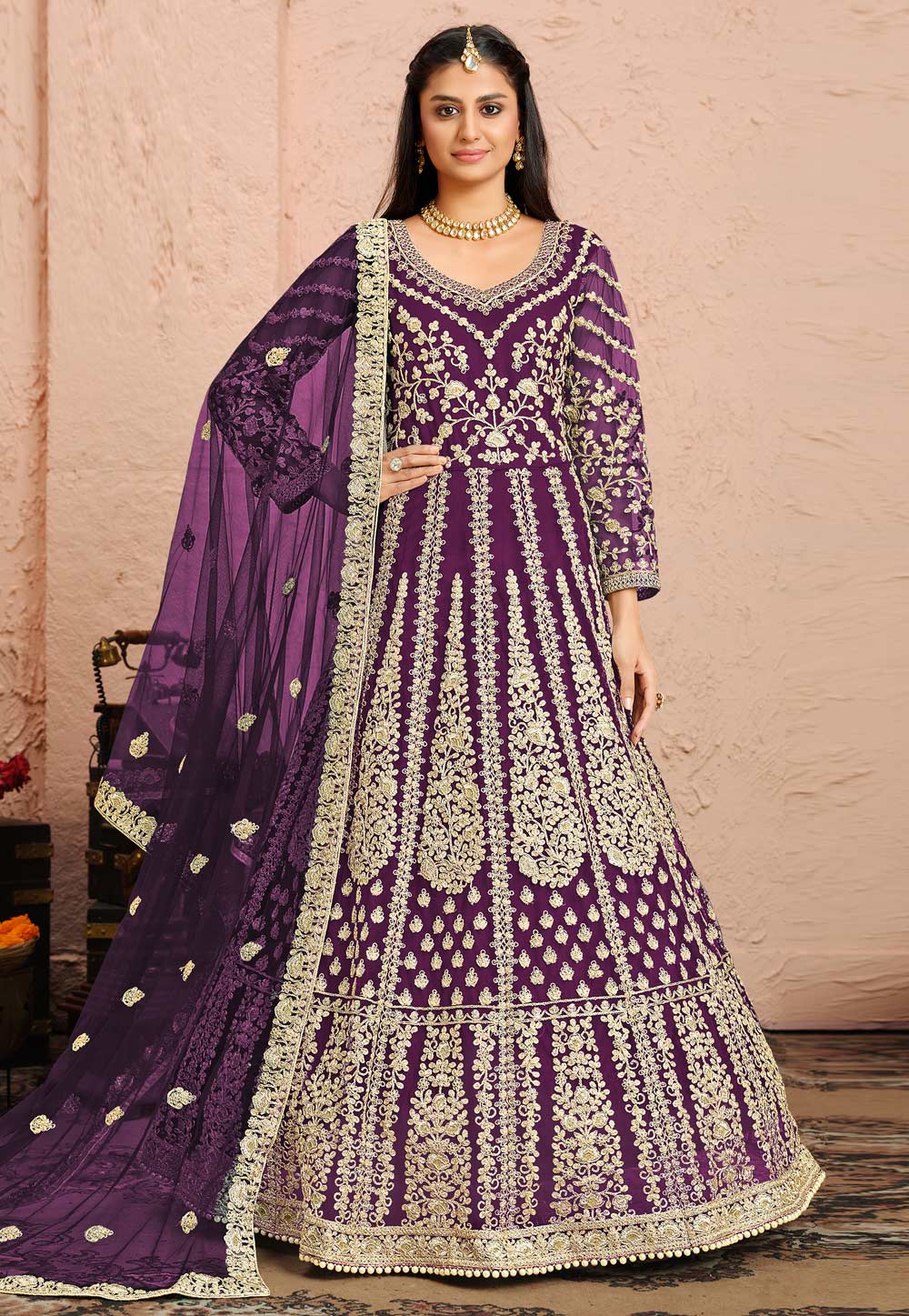 Purple Net Embroidered Long Anarkali Suit 236091