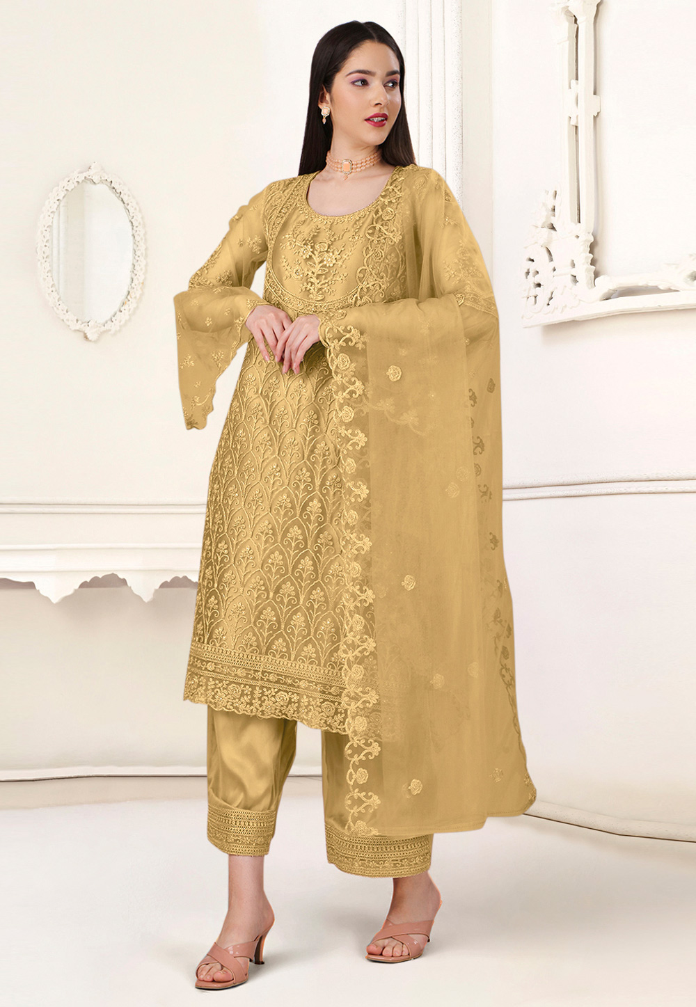 Mustard Net Embroidered Palazzo Suit 270088