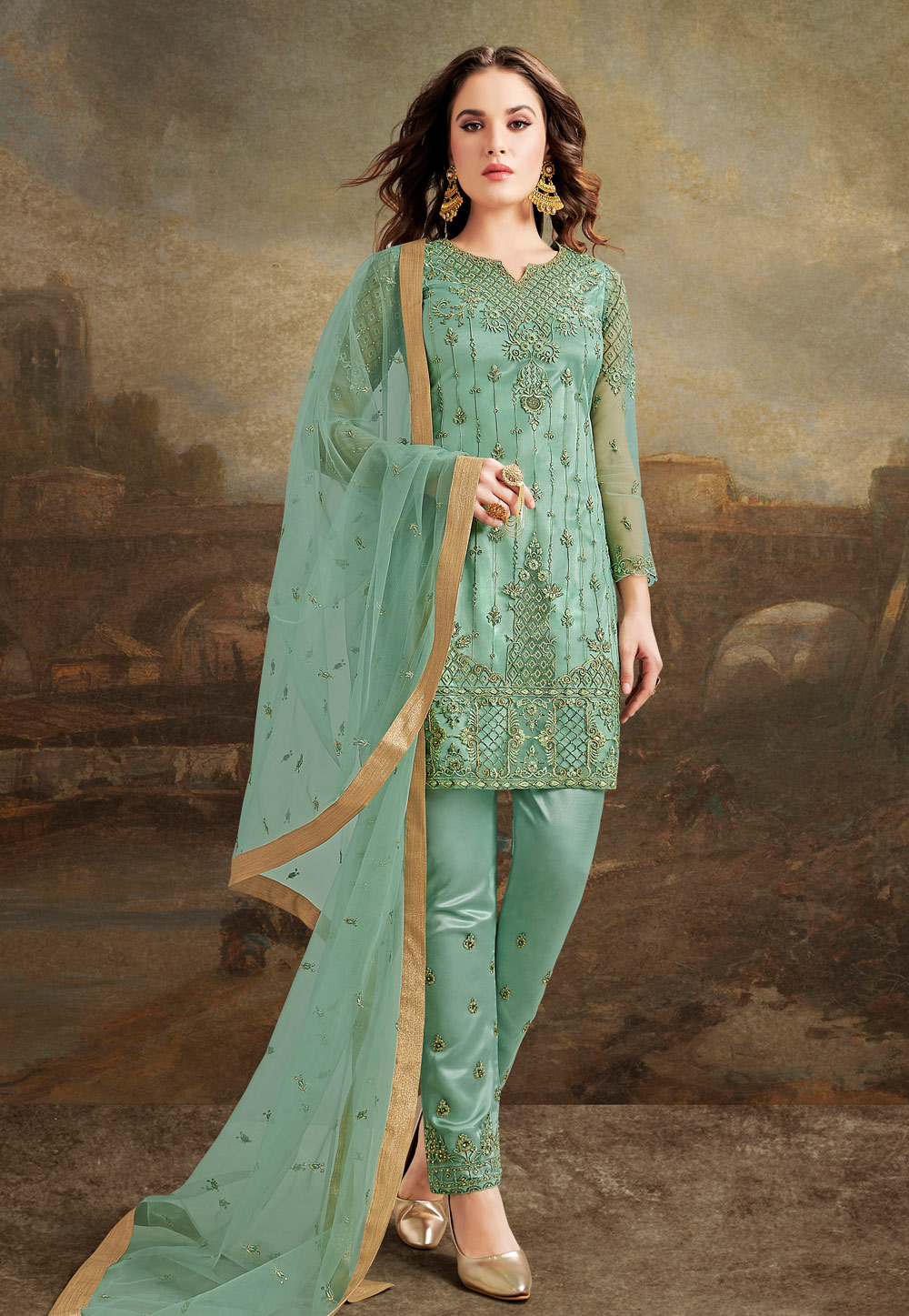 Sea Green Silk Pant Style Suit 190934