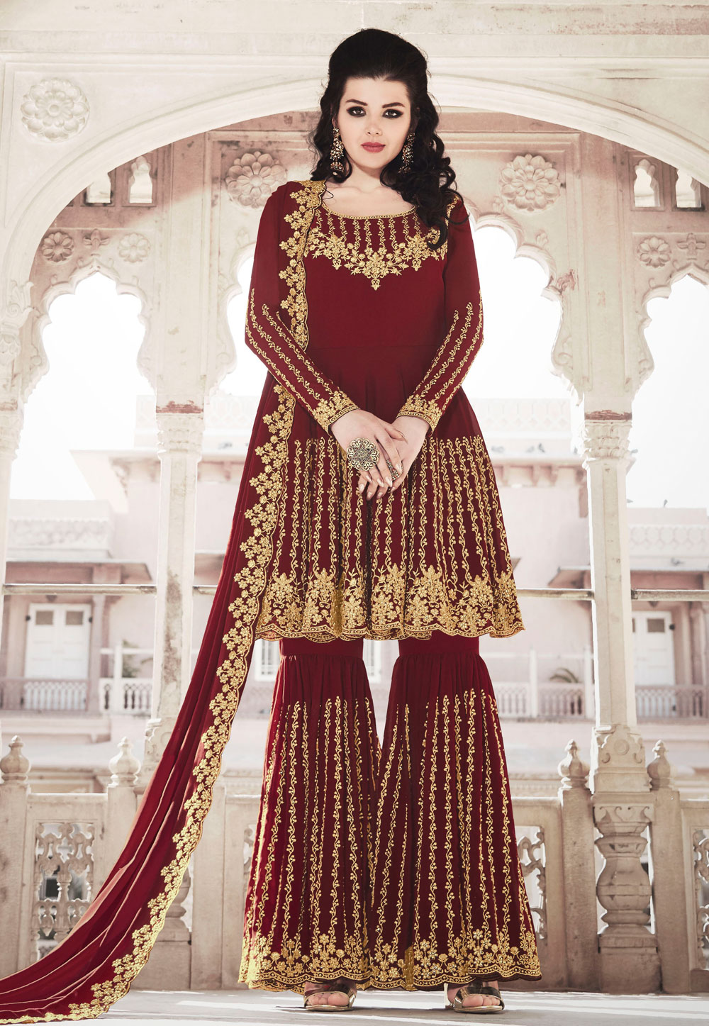 Maroon Faux Georgette Embroidered Sharara Suit 200563
