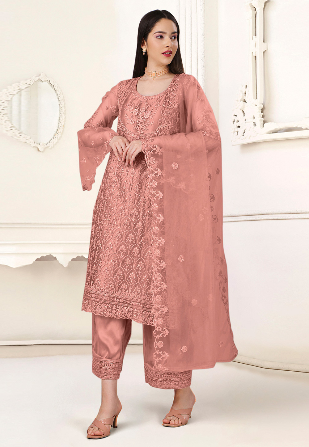 Peach Net Embroidered Palazzo Suit 270092