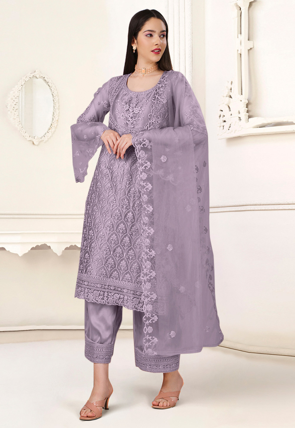 Lavender Net Embroidered Pakistani Suit 270093
