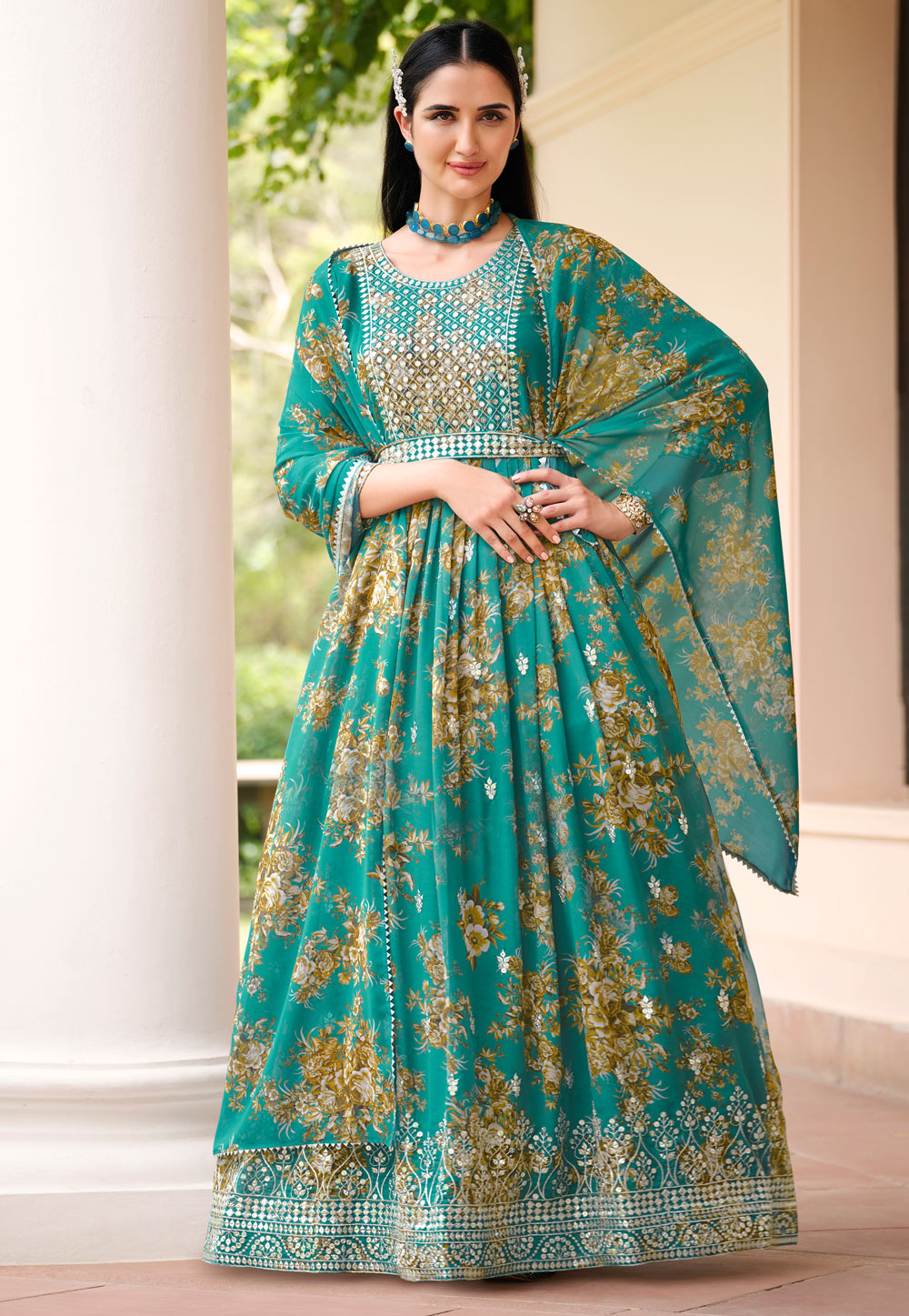 Sea Green Georgette Readymade Abaya Style Anarkali Suit 268790