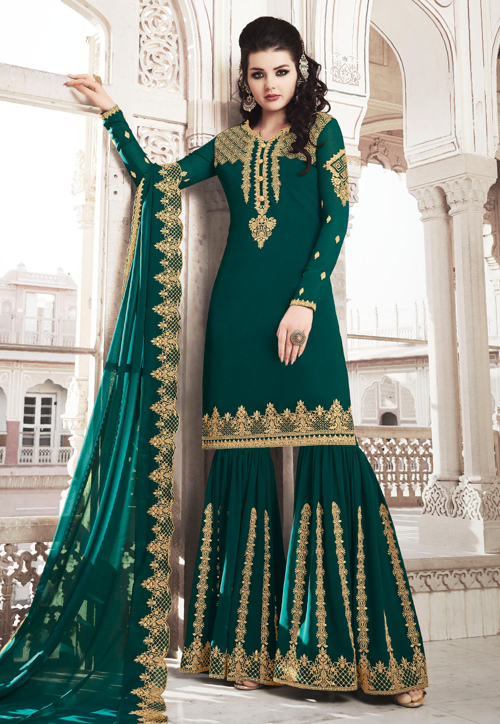 Teal Faux Georgette Embroidered Sharara Suit 200567