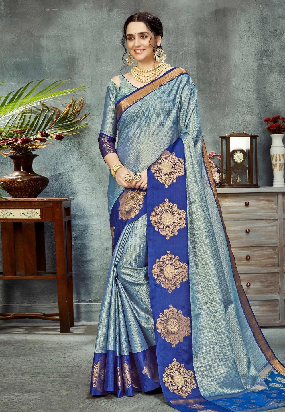 Sky Blue Banarasi Silk Saree With Blouse 221570